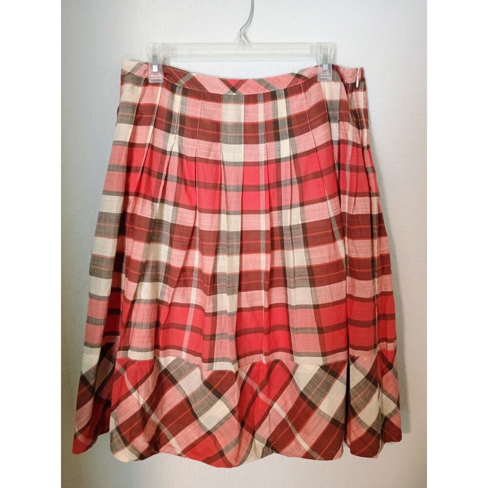 Talbots Flowy Pleated Plaid Cantaloupe Peach & Brown Cotton Midi Skirt Sz 12